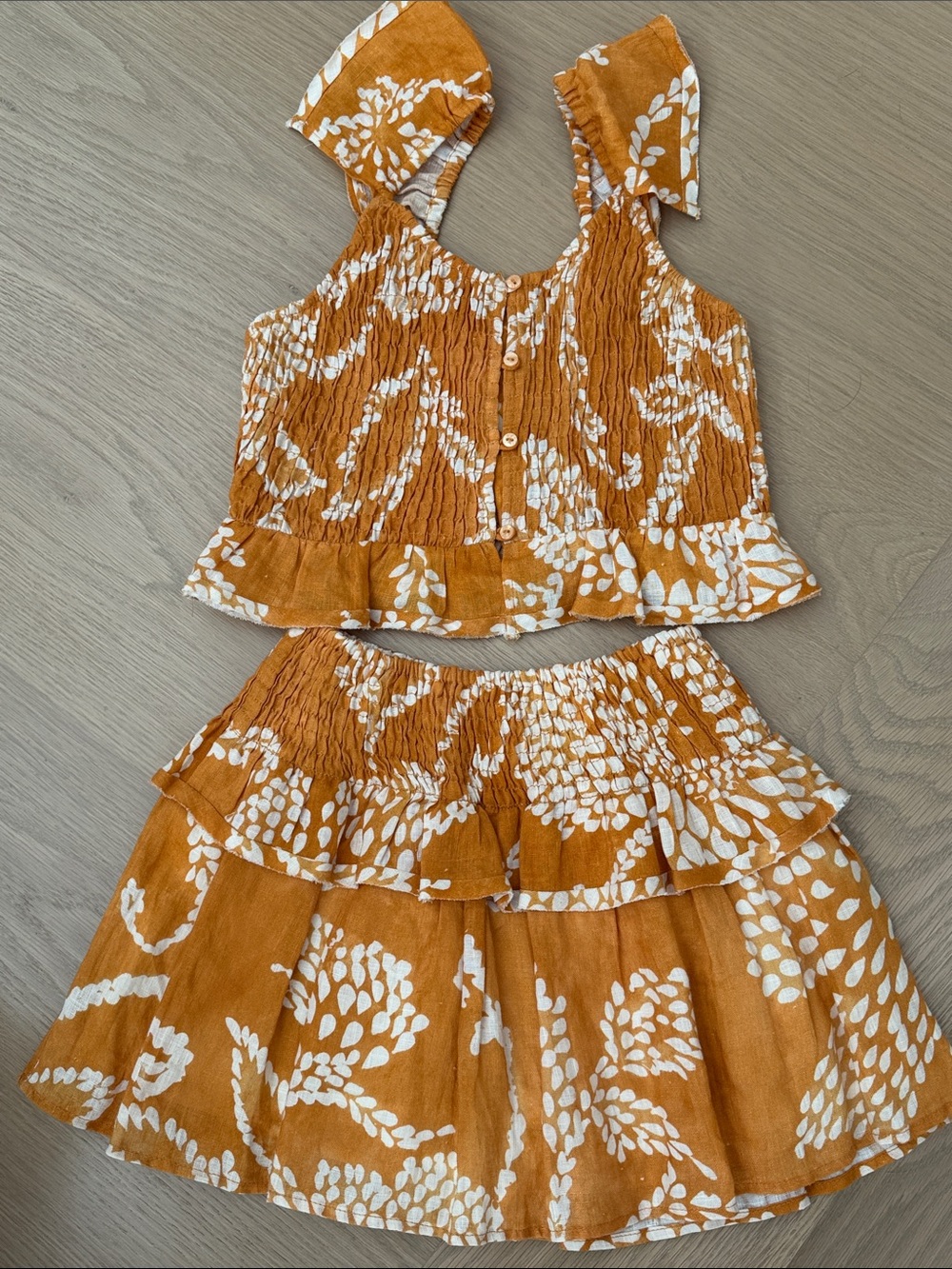 Zara Orange Floral Smocked Ruffle Two-Piece Skirt Set